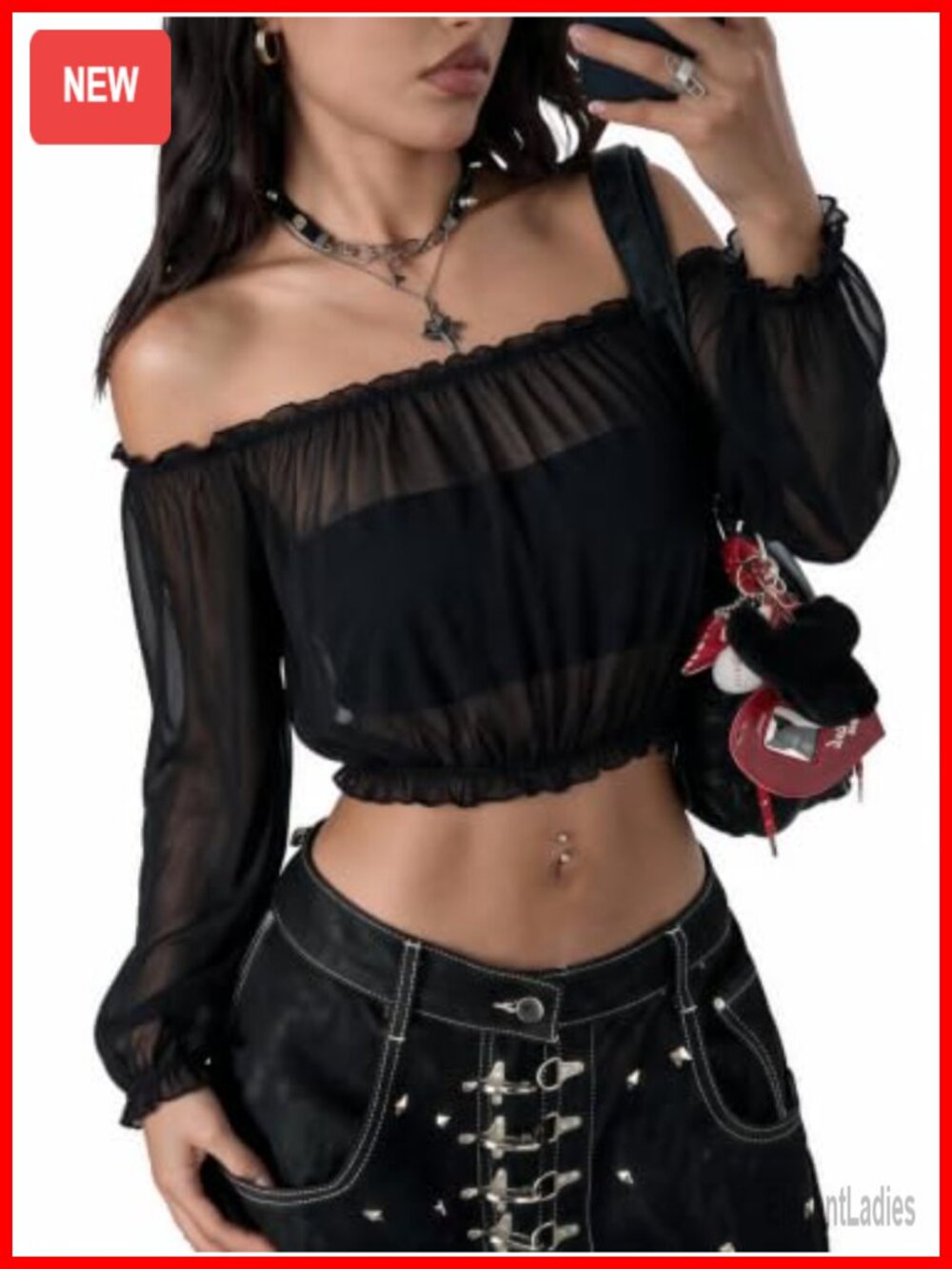 Off Shoulder Mesh Crop Top Long Sleeve Sexy Night Out Blouse